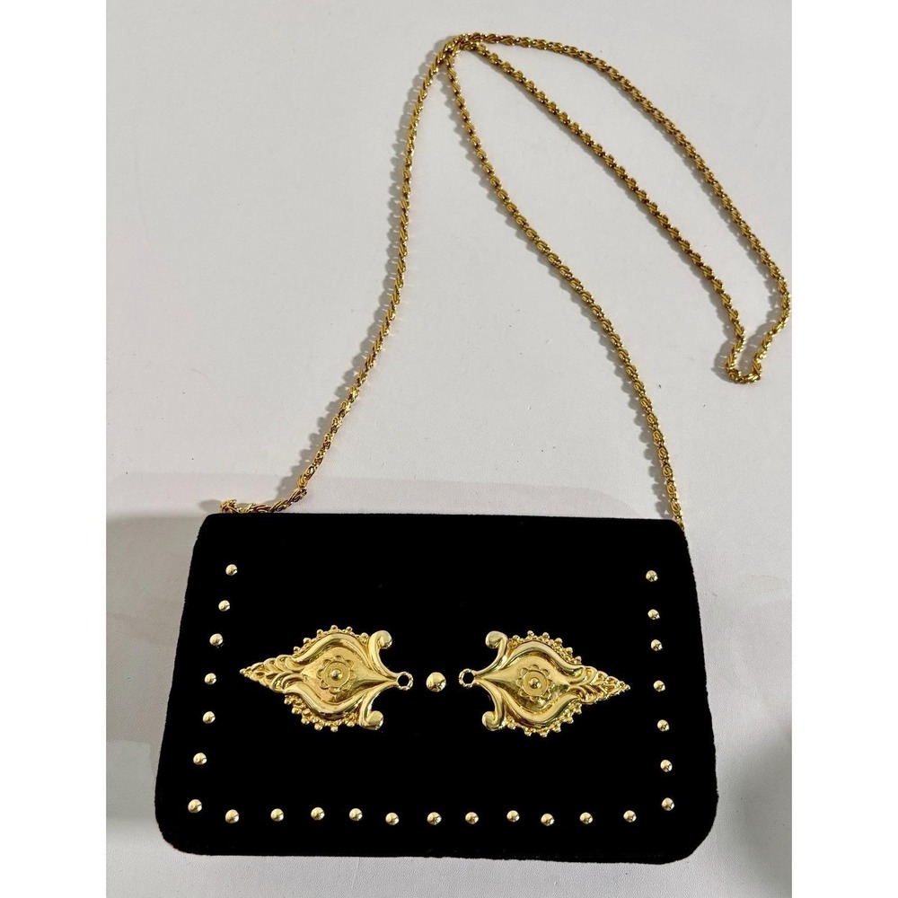 Farnell Paris Black Velvet evening bag Gold Tone Hardware Chain Strap Vtg 1980s